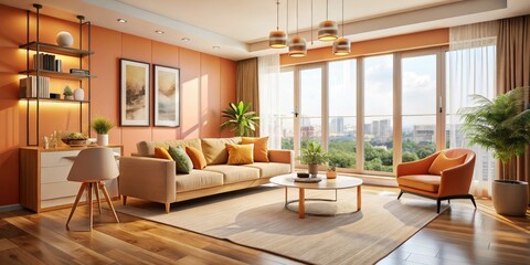 Modern Peach Apartment, Cozy Landscape AI Photo, Spacious Interior