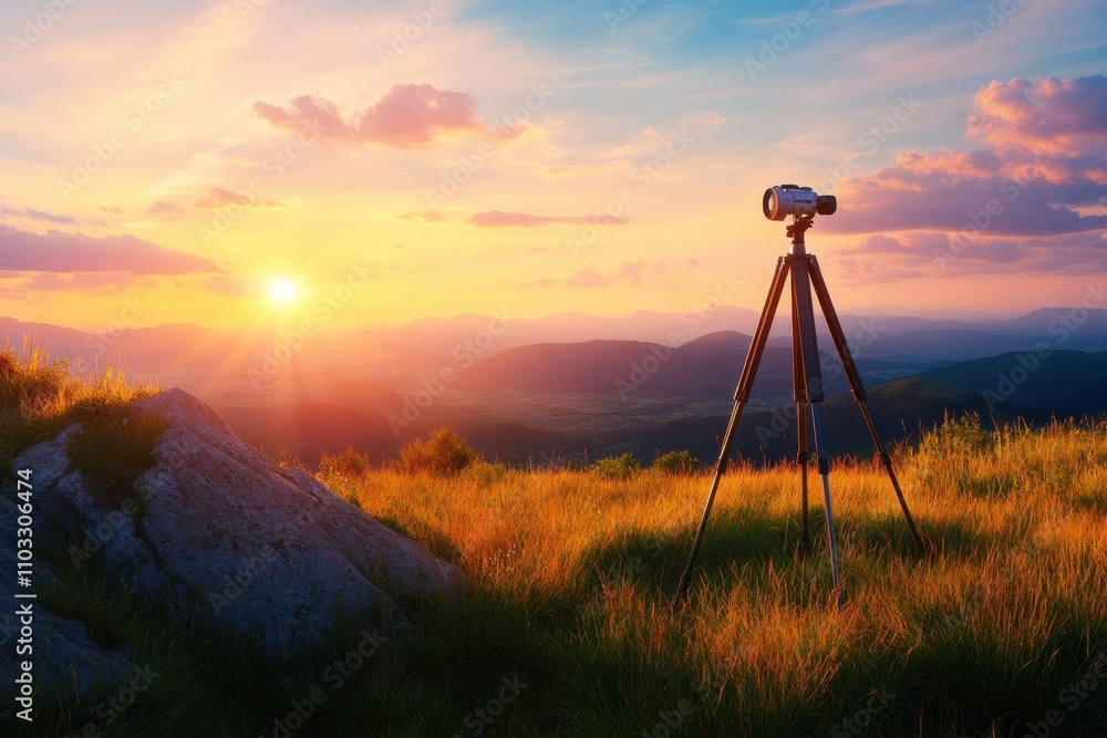 Poster a camera tripod is set up in a field with a beautiful sunset in the background