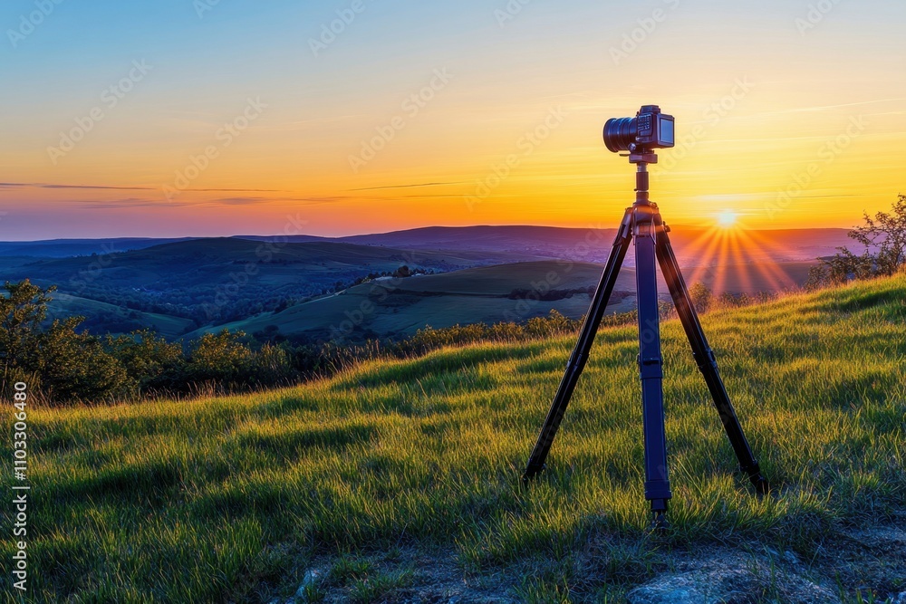 Poster a camera is set up on a tripod in a grassy field with a beautiful sunset in the