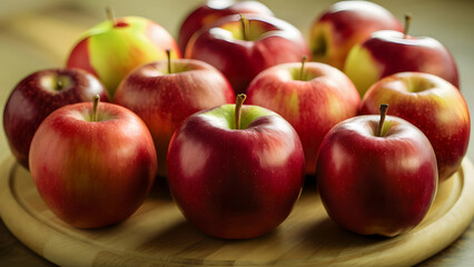 Some red and green apples on a wooden tray