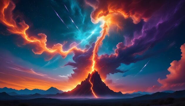 Una enorme y ardiente entidad celestial con zarcillos arremolinados de energ&iacute;a naranja y roja sobre un fondo de nubes c&oacute;smicas verde azulado y violeta