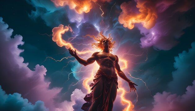 Una enorme y ardiente entidad celestial con zarcillos arremolinados de energ&iacute;a naranja y roja sobre un fondo de nubes c&oacute;smicas verde azulado y violeta