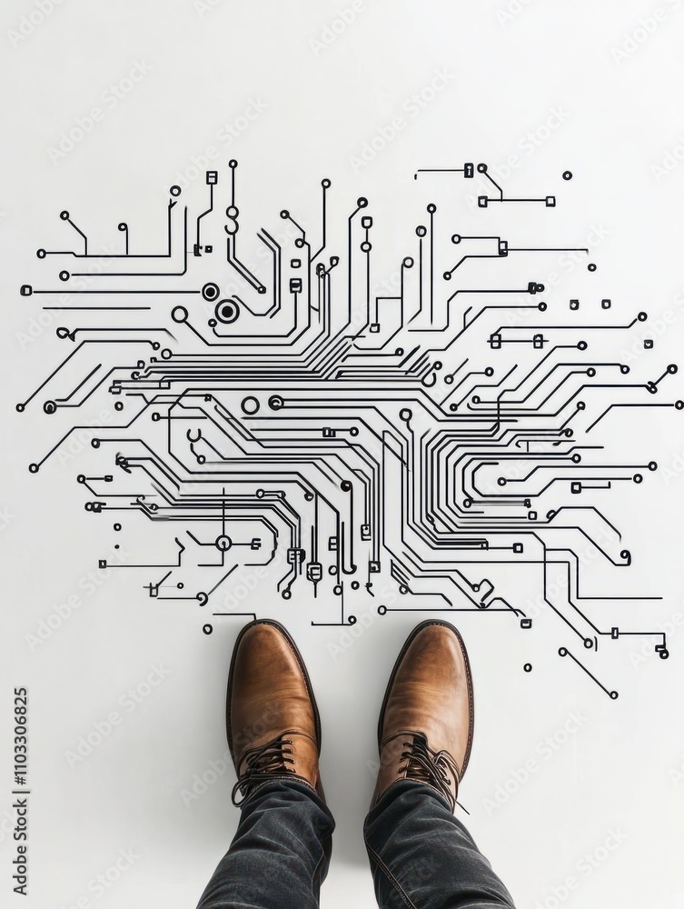 Poster top view of businessman feet standing on abstract circuit arrow sketch on white ground background wi
