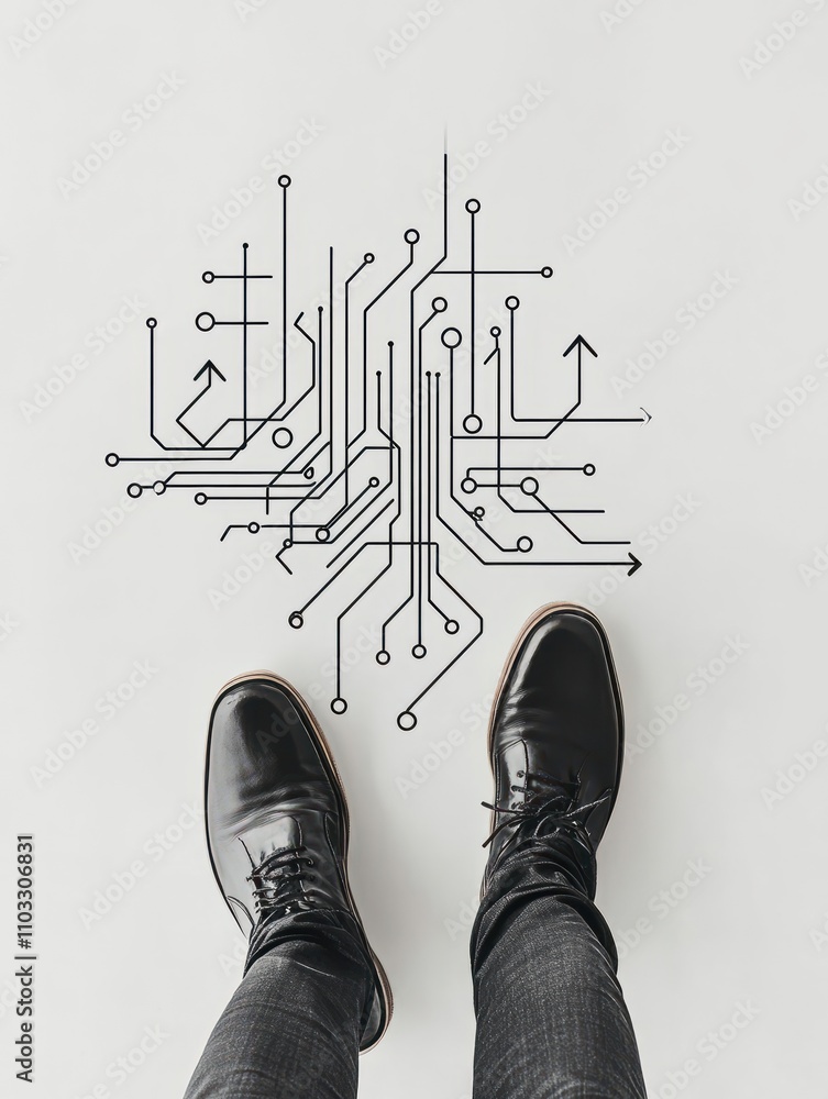 Poster top view of businessman feet standing on abstract circuit arrow sketch on white ground background wi