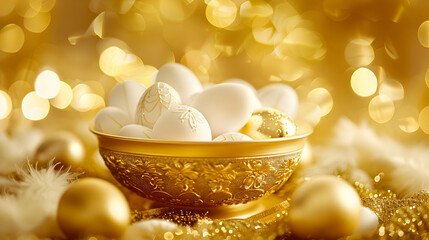 Fototapeta premium White easter eggs in golden pottle with golden decoration on yellow. Festive easter concept.