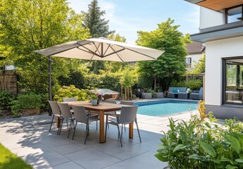 Fototapeta premium Elegant Outdoor Dining Area with Modern Patio Furniture Near a Swimming Pool Surrounded by Lush Greenery and Bright Sunlight in a Residential Garden Setting