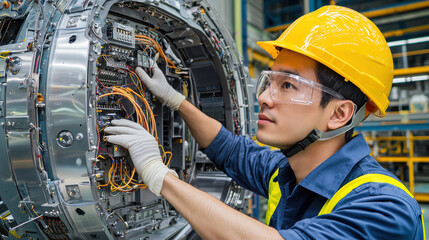 focused Asian male engineer in yellow helmet and safety glasses works on complex machine, showcasing precision and expertise in modern industrial setting