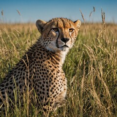 A cheetah lounging in tall grass in a vast field under a blue sky.

