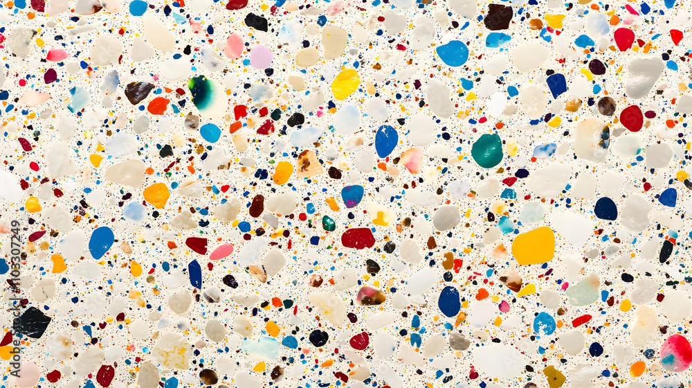 Poster vibrant multicolored terrazzo texture. a close-up shot reveals a dense pattern of colorful chips emb