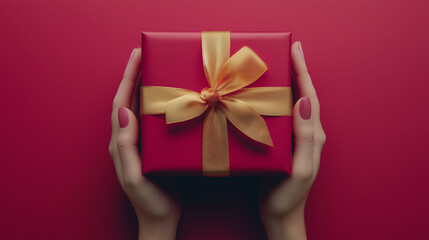 Top view of women hands holding red gift box on pink background.