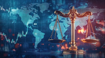 Scales of justice overlaid on a global financial background.