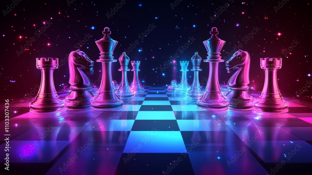 Poster chess pieces set on a board with a dark backdrop, forming an abstract representation that signifies 