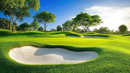 Scenic golf course with lush greens and a sand trap.