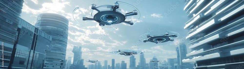 Poster futuristic ai driven drones hovering above tech enabled urban skyline