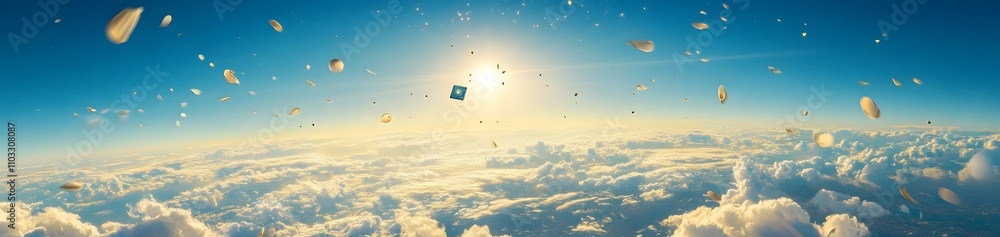 Aufkleber a surreal scene of a floating cube amidst clouds and sunlight.