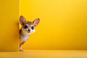 Adorable Creature Peeking Around a Corner on a Bright Yellow Background with Ample Copy Space for Your Message