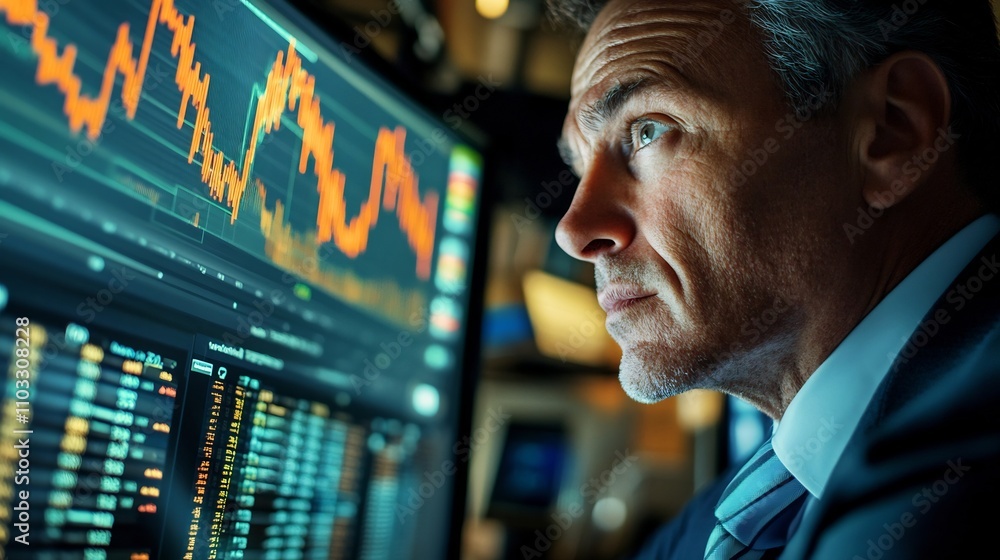 Poster mature businessman staring at declining graph on computer screen