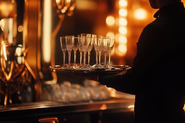 Minimalist Photography of a Waiter Balancing Elegant Glassware in a Luxurious Setting