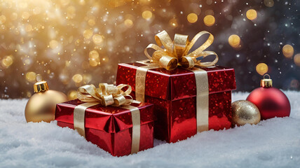 Gift boxes and Christmas tree toys in the snow. A cozy concept for Christmas and winter holidays in 2025. We prepare gifts for our loved ones.