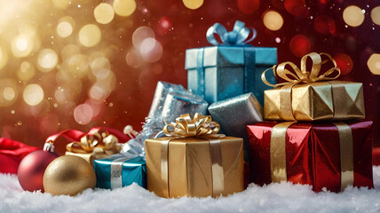 Gift boxes and Christmas tree toys in the snow. A cozy concept for Christmas and winter holidays in 2025. We prepare gifts for our loved ones.