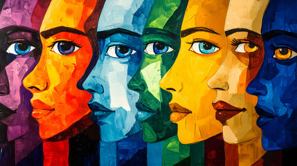 Obraz premium Vibrant Colorful Abstract Painting of Female Faces, Expressive Oil on Canvas Art, Multifaceted Portraits