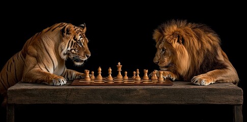 A chess match between a tiger and a lion unfolded, representing brains and rivalry in an otherworldly, artistic scene.