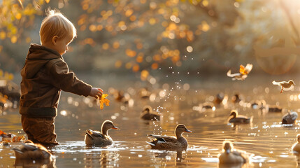 Little boy feed ducks on the lake in autumn, copy space. Beautiful sun light.