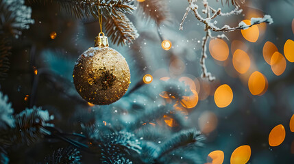 Golden christmas ball hanging on a branch. Decorations on the christmas tree. Multicolored bokeh on tree. Copy space.