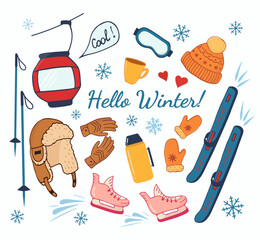Winter sports and recreation in the mountains and outdoors. Hello winter inscription.Winter mood. Hand-drawn ski lift, skis, hat with earflaps, skates, ski. Set of Isolated items for sports and travel