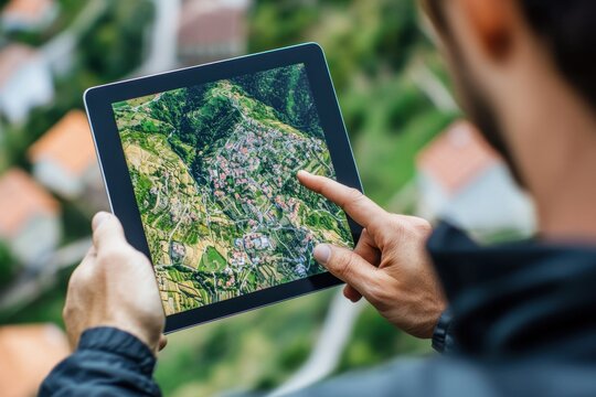A man is holding a tablet and pointing at a map