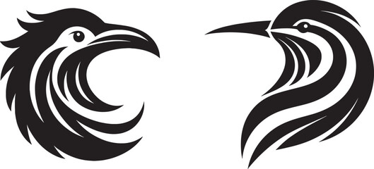 A pair of stylized bird heads, one facing left and the other right, in a simple black and white design, perfect for use as a logo or emblem.