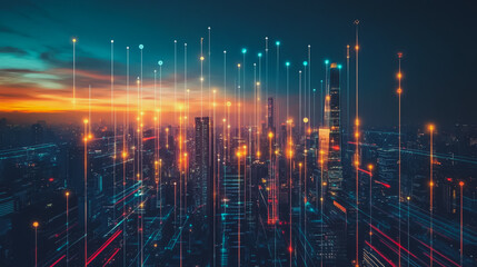 Fototapeta premium Smart digital city with connection cyber security network reciprocity over the cityscape . future smart wireless digital city and social media networking systems that connects people within the city