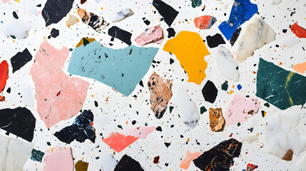 Vibrant terrazzo texture with multicolored stone chips and fragments set in white cement.  A colorful and abstract background perfect for design projects.