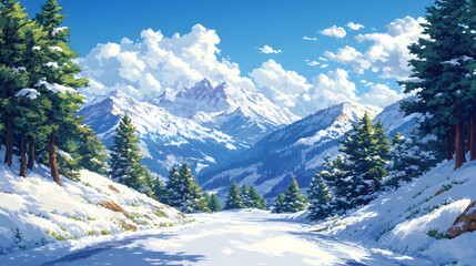 Snowy Mountain Road, Winter Landscape Illustration, Serene Pathway Through Evergreen Forest, Majestic Peaks Under a Sunny Sky