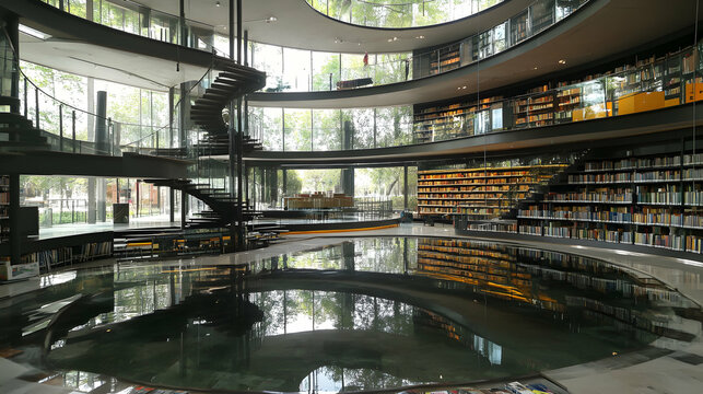 Circular Library, Modern Architecture with Reflective Pool, Bookshelves and Spiral Staircase
