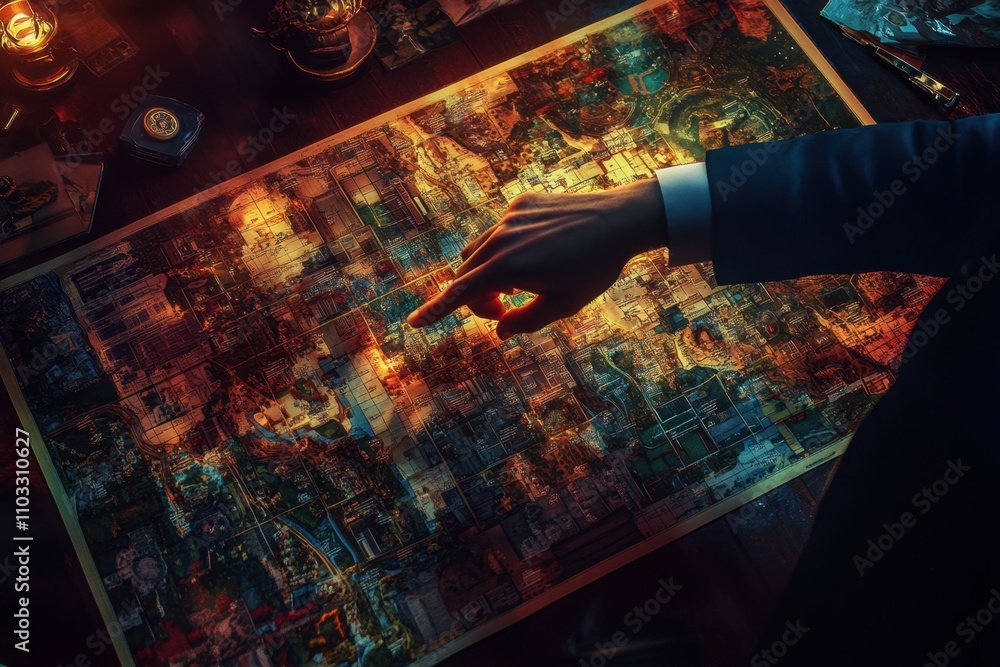Poster a hand pointing at a map with a man in a suit behind it
