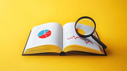 Open Book Displays Charts & Graph; Magnifying Glass Analyzes Data; Yellow Background