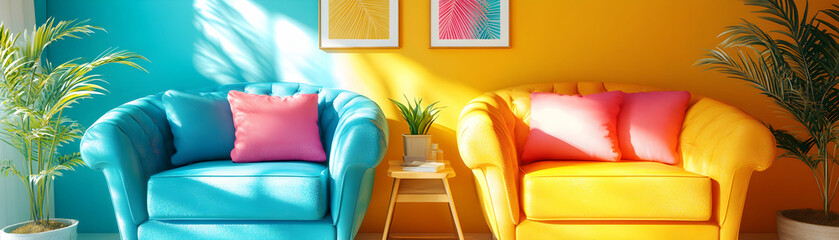 Vibrant Teal & Yellow Armchairs in Sunny Room, Tropical Plants Accentuate the Cheerful Interior Design