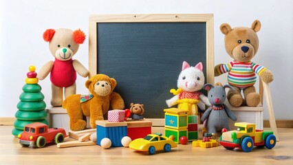 Adorable Macro Photography of Colorful Plush, Wooden, and Plastic Toys for Child Development Featuring Chalkboard, Cars, Drawings, Horses, Books, and Musical Instruments for Preschoolers