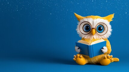 Obraz premium A cute, yellow owl with glasses sits reading a blue book against a blue background, evoking a whimsical and educational theme.