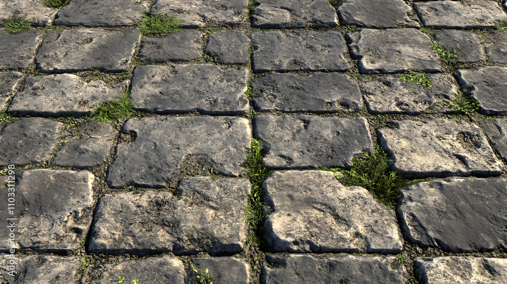 Poster close-up view of a stone pavement with grass growing between the weathered, rectangular stones. the 
