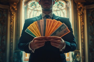 Obraz premium A man is holding a fan with a bunch of different colored bills in it