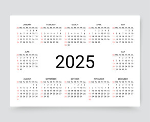 2025 calendar. Calender for year. Pocket or wall template. Week starts Sunday. Scheduler grid with 12 month. Yearly organizer layout in simple design. Vector illustration. Landscape orientation, A4