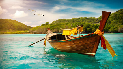 Boat on the blue river with cloudy sky 