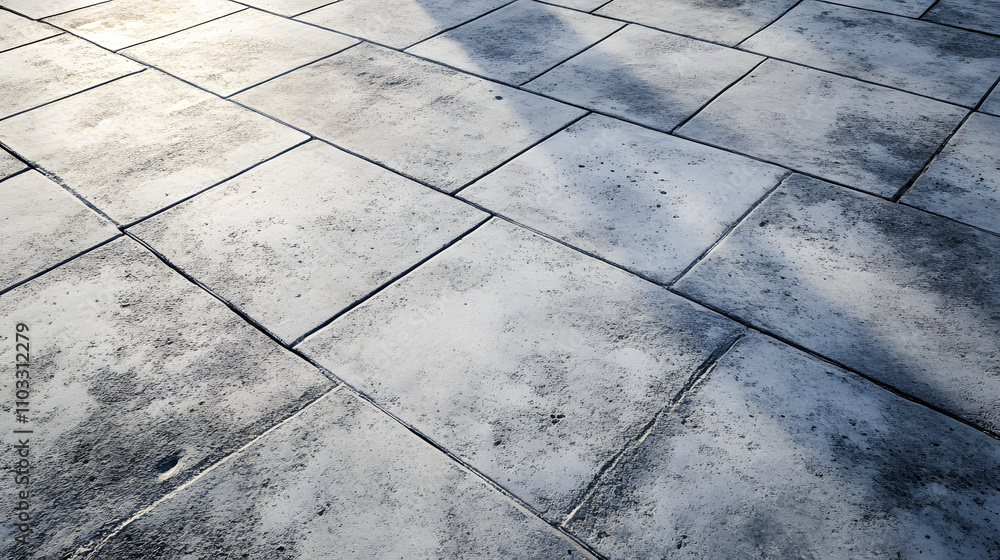 Poster high-angle close-up shot of a textured, light gray pavement. the rectangular slabs are arranged in a