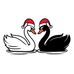 Black and White Swans with Santa Hats Vector