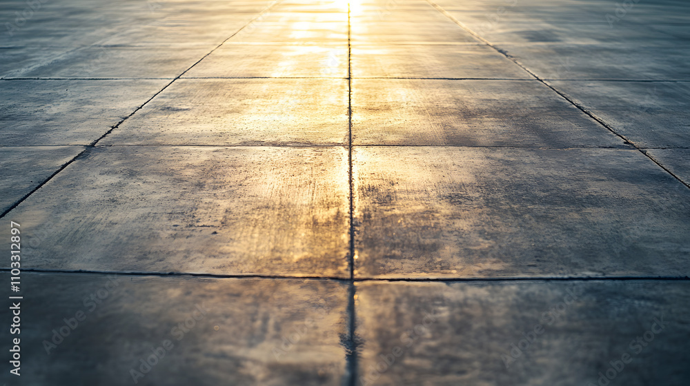 Poster sunlit concrete pavement with square tiles. golden hour light reflects off the textured surface, cre