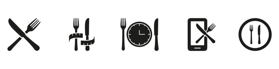 Fototapeta premium Diet and Meal Management Silhouette Icon Set, Featuring Cutlery, Time, and Mobile Tracking Symbols. Meal Timing Glyph Sign. Isolated Vector Illustration