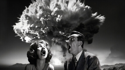 movie, nuclear, explosion, screaming, horror, scary, vintage, woman, man, model, smoke, couple, old, pollution, expression, fire, fashion, fog, cloud, dust, clouds, glamour, actors,  retro, antique, 