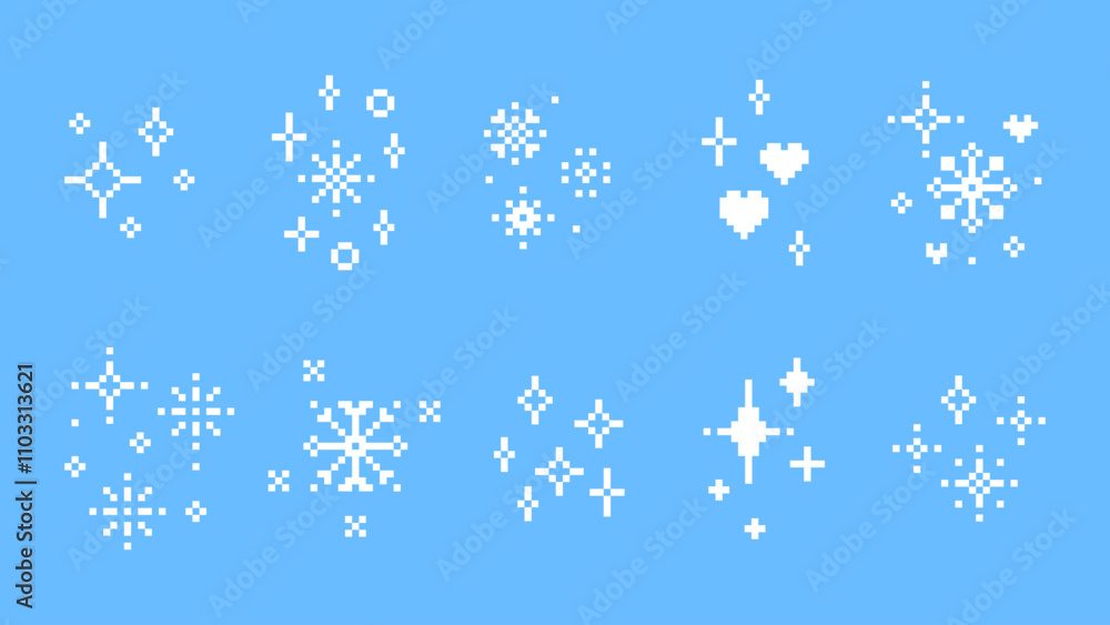 Poster a set of snowflake in pixel art style. abstract winter elements set. simple geometric vector christm